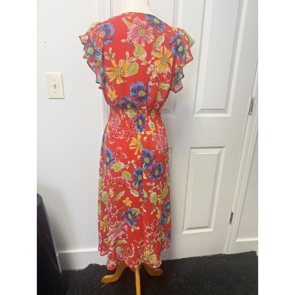 Jessica Simpson Dress Womens Medium Red Floral Ruffle Sleeve Smocked Waist Midi - Picture 5 of 12
